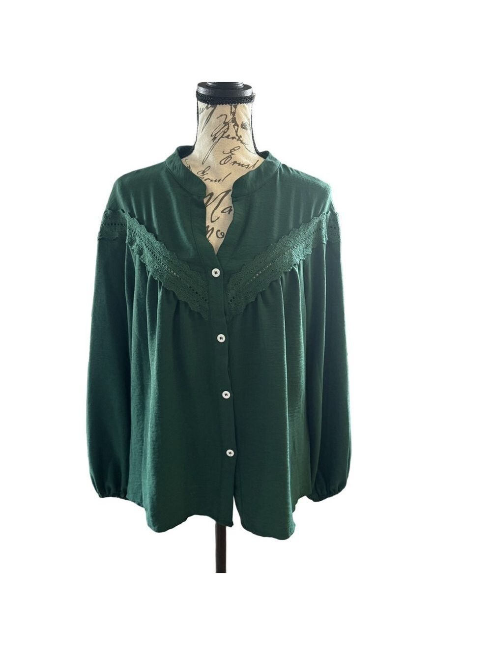 🌿 SHEIN Forest Green Lace Detail Button-Front Blouse 🍃 Size S (EU 36 / US 4) - Picture 2 of 7